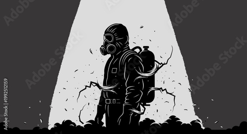 a person in a hazmat suit with a gas mask standing amidst debris symbolizing environmental disaster and biohazard crisis