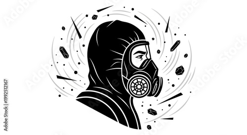 gas mask hazmat suit and protective gear shielding a person from flying dust and debris symbolizing danger crisis and survival.