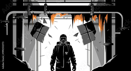 hazmat suit expert assessing an industrial disaster scene with biohazard leakage symbolizing emergency response and environmental contamination risk.