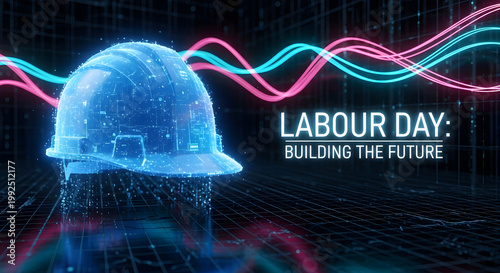 Futuristic digital hard hat for Labour Day building the future