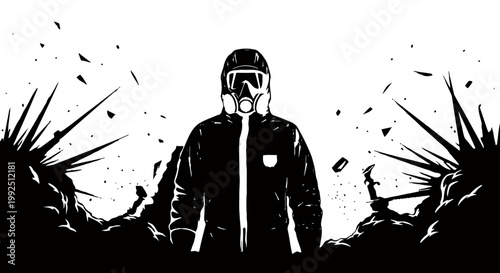 hazmat suit person with gas mask standing in an apocalyptic desolate landscape symbolizing a public health crisis danger and survival.