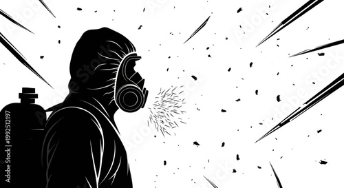 hazmat suit wearing person with a gas mask spraying in a hazardous contaminated environment illustrating public health and safety.