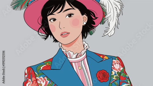 Young woman wears a colorful outfit with a large hat decorated with feathers and flowers, standing against a plain background