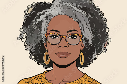 Woman with curly hair and glasses poses confidently, showcasing her unique style in a simple setting