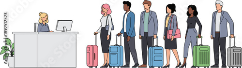 Illustration of People in Line at a Reception Desk with Luggage for Travel, Customer Service, and Check-in Designs