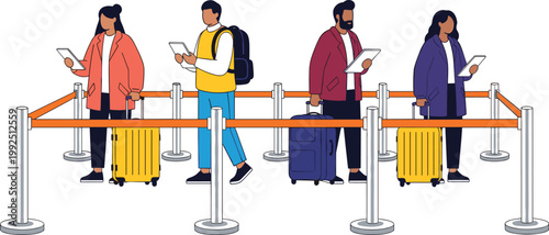 Illustration of People Waiting in Line at an Airport with Luggage and Mobile Devices for Travel and Queue Designs