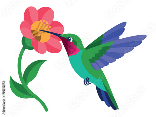 A colorful hummingbird sips nectar from a vibrant pink flower in mid-air.