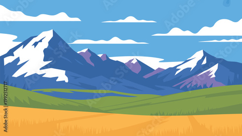 A serene mountain landscape with snow-capped peaks and rolling hills under a blue sky