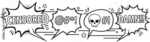 Comic Style 'CENSORED' and 'DAMN!!' Speech Bubbles with Explosion Effects, Skull Icon, and Dynamic Stars for Graphic Designs