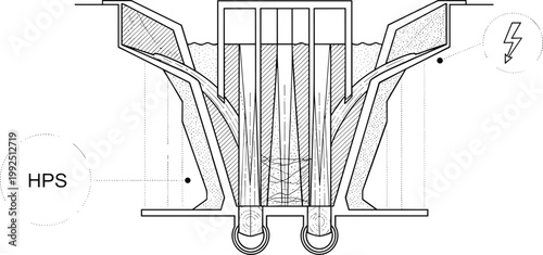 Hydroelectric Power Generation Diagram with Turbine, Water Flow, and Electrical Generation System for Educational Designs