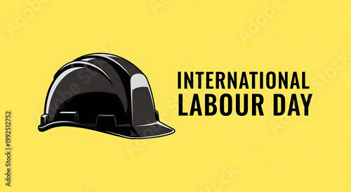 International Labour Day banner with black hard hat on yellow