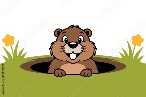 A cartoon groundhog peeking out of a hole in the ground with flowers around it