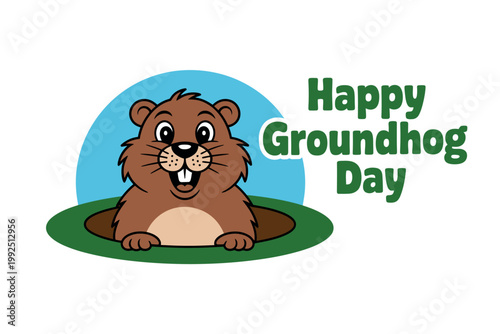 A cartoon groundhog peeking out of a hole with a cheerful expression on Groundhog Day