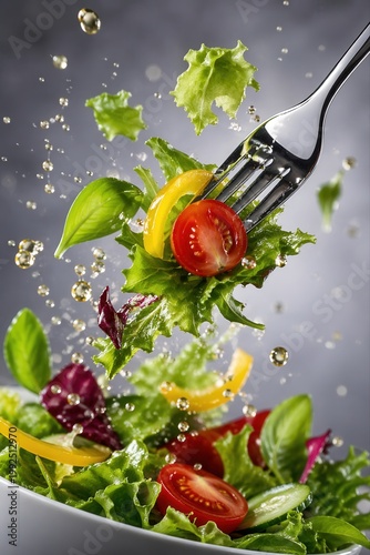Gabel mit fliegendem Salat und Gemüsetropfen
Eine Gabel hebt frischen Salat mit Tomate und Paprika in einer dynamischen Szene mit schwebenden Tropfen.