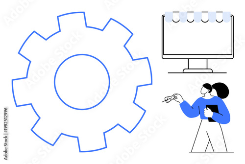 Technology, education, process management, brainstorming, innovation, teamwork. A gear icon, computer monitor with tabs and a person holding a clipboard. Technology and education concepts
