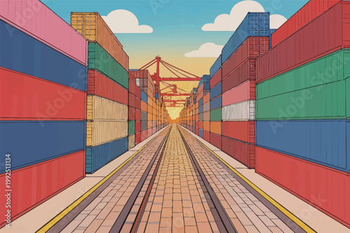 Shipping containers fill a port as cranes and train tracks connect the area to the sunset sky