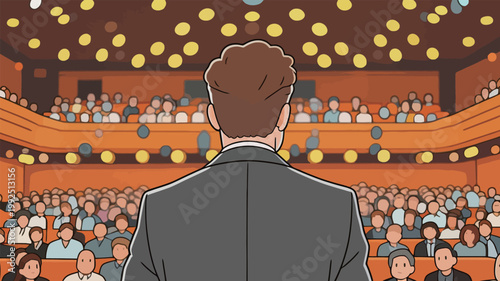 Audience listens to speaker during event in a large hall with bright lights and a full crowd