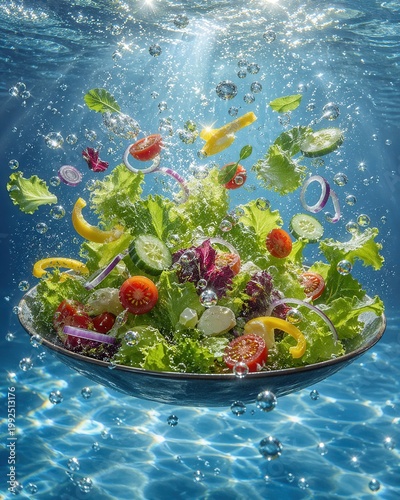 Frischer Salat unter Wasser mit Luftblasen
Eine kreative Salatschüssel schwebt unter Wasser zwischen Gemüse, Kräutern und Luftblasen als Symbol für Frische.