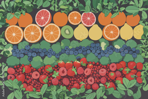 Different types of fruits and vegetables arranged in rows on a dark background in a clear display showing colors and shapes