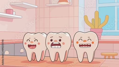 Cartoon teeth characters having fun in a colorful kitchen with plants in a bright room during daytime