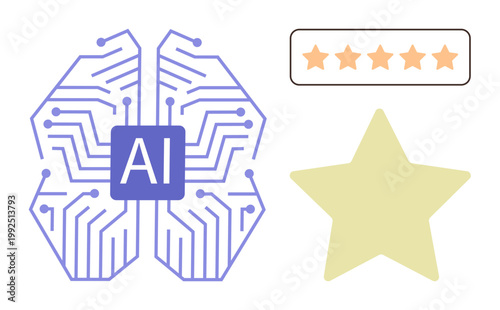 Artificial intelligence, performance measurement, quality assurance, user feedback, technology assessment, digital innovation. Brain circuit with AI label, star rating yellow star. AI