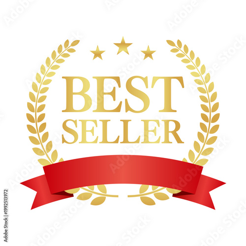 BEST SELLERの月桂樹エンブレムと赤いリボン | 金色のバッジ | ベクター素材