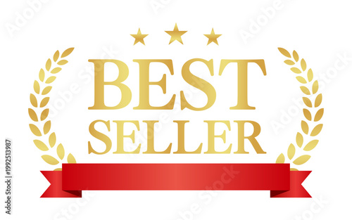 BEST SELLERの月桂樹エンブレムと赤いリボン | 金色のバッジ | 横書きベクター素材