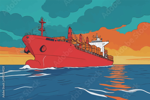 Cargo ship sails across the ocean during sunset with colorful clouds in the background