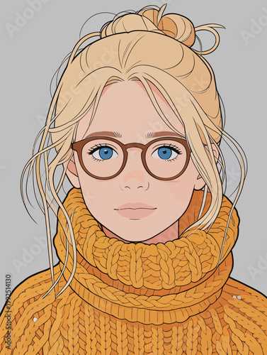 Young woman with glasses and a knitted yellow sweater looks directly at the viewer against a gray background