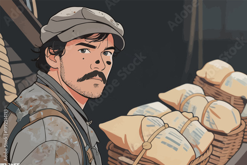 Man working with bags on a dock during the day in a busy port town in a cartoon style illustration