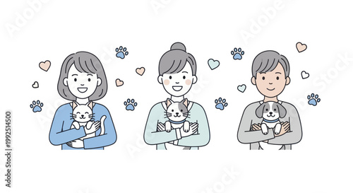 Three happy people holding their adorable pet dogs with love.