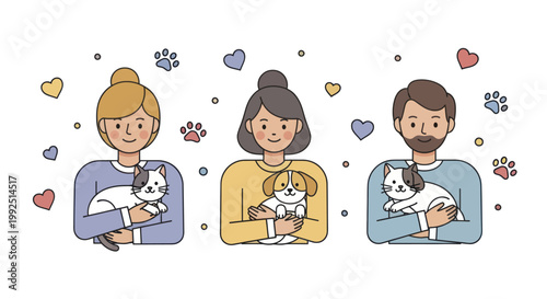 Three people holding cute pets in a loving embrace.