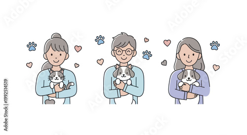 Three people holding small dogs with hearts and paw prints.