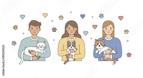 Three people holding cats and dogs in a cute illustration.