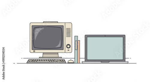 Vintage Computer and Modern Laptop Side by Side.