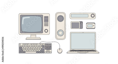 Vintage and Modern Computer Technology Collection Illustration.