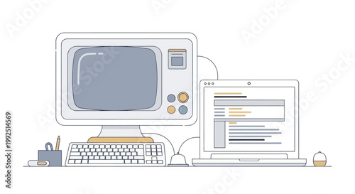 Vintage Computer and Modern Laptop Setup.
