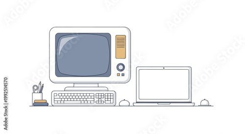 Vintage Computer and Modern Laptop Side by Side.