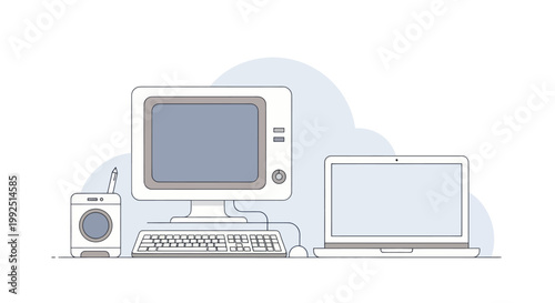 Vintage Computer Setup with Modern Laptop and Speaker.