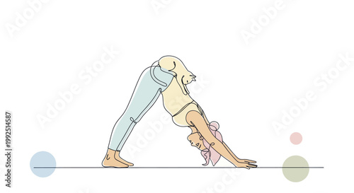 Woman practicing yoga in downward facing dog pose with dog.