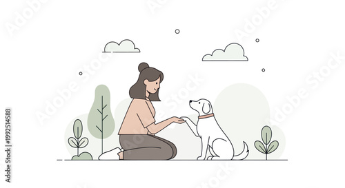 Woman and dog shaking hands in a park setting.