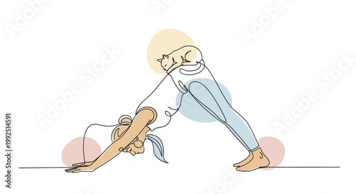 Woman practicing yoga in downward facing dog pose with minimalist line art style.