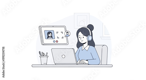 Woman working remotely with laptop and headphones on a video call.