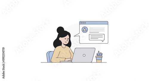 Young woman working on laptop with chat bubble illustration.