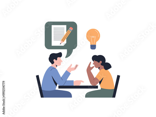 Two people sitting at a table having a creative discussion with ideas and inspiration