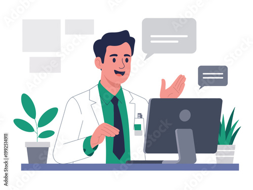 A smiling doctor sitting at a desk with a computer and plants, engaged in a conversation.