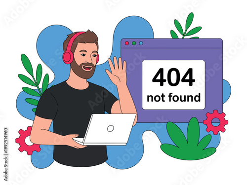A cartoon man with a laptop and headphones standing next to a 404 error page on a purple browser window with colorful plants and gears in the background