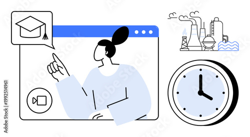 Online learning, time efficiency, industry awareness, digital skills, education tools, environmental studies. Woman interacting with online interface, clock and industry elements present. Online
