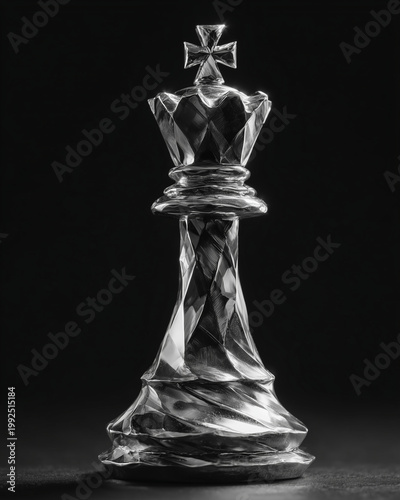 an abstract chess king sculpted from polished platinum metal, elegant geometric form