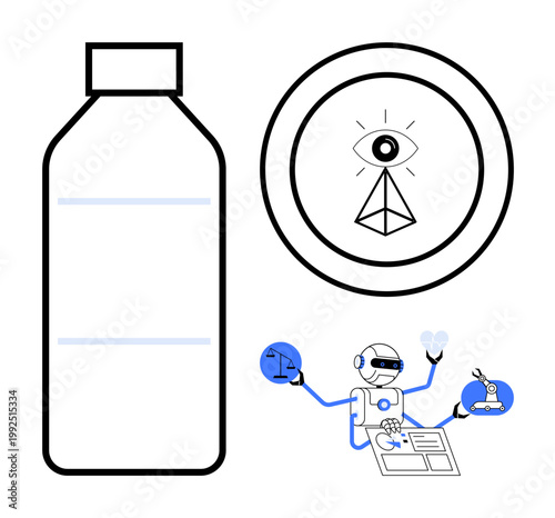 Artificial intelligence, robotics, automation, sustainability, data privacy, futuristic design. A robot working with data, an all-seeing eye symbol and an outline of a bottle. AI robotics